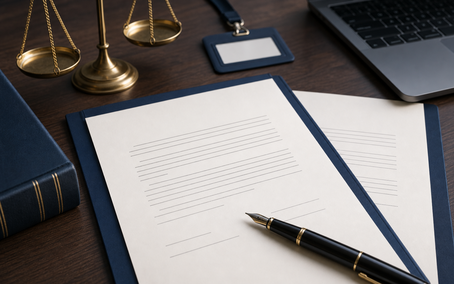 Documentos de contrato, caneta e simbolos juridicos sobre uma mesa