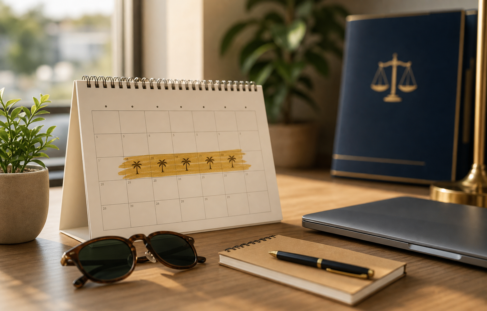 Calendario, caderno e objetos de descanso em mesa com luz natural
